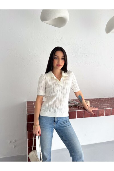 MODAMERSİ Women's Ecru Woven Detailed Short Sleeve Knitwear Blouse