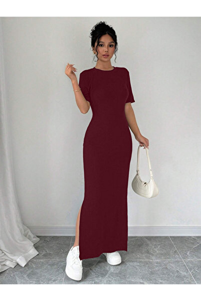 Take Two By Styli Burgundy Short Sleeve Bodycon Maxi Dress