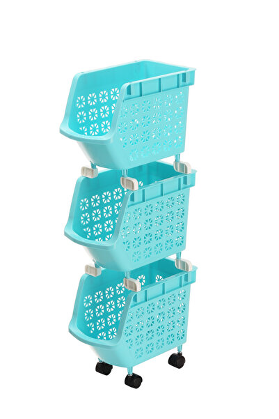 Lawazim منظم سلال تخزين بثلاثة أرفف مع عجلات - رف منزلي متحرك قابل للتكديس