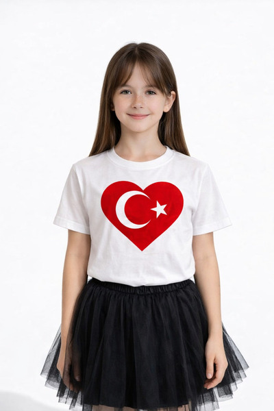 Kız-Erkek Çocuk Kalpli Ay Yıldız Baskılı Beyaz Renk Pamuk/Süprem Rahat Kalıp T-Shirt