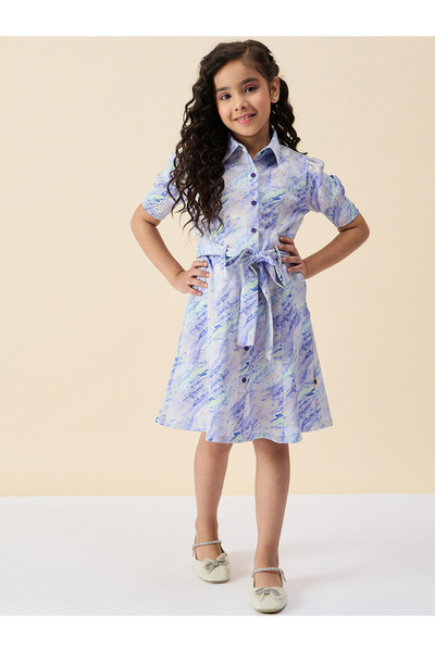 Stylo Bug By Styli فستان بناتي أزرق بنقشة هندسية مع ربطة خصر