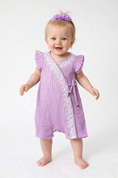 Chicsy Baby Kız Bebek Müslin Tulum Elbise Dantel Detaylı Yazlık Pamuk Bebek T...