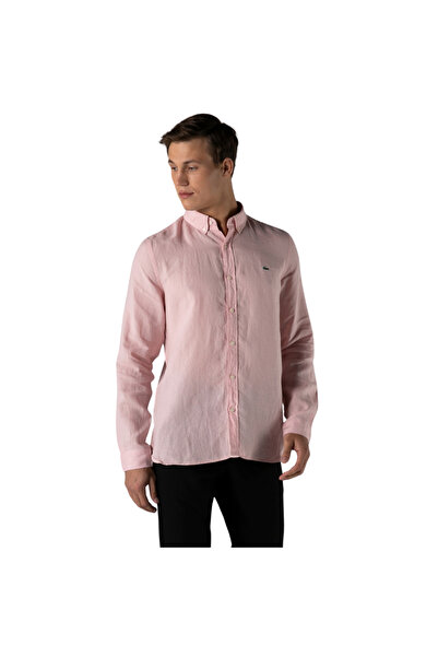 Lacoste Erkek Slim Fit Düğmeli Yaka Açık Pembe Keten Gömlek
