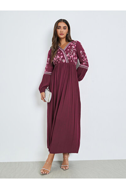 Styli Magenta Rayon Embroidered V Neck Maxi Dress
