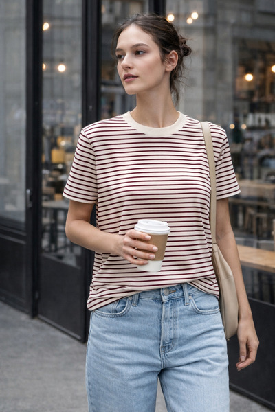 Polo State Women's Striped Basic Oversized T-Shirt – Burgundy Ecru