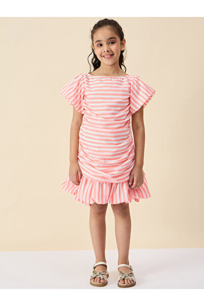 Stylo Bug By Styli Girls Striped Puff Sleeve Pleated Dress