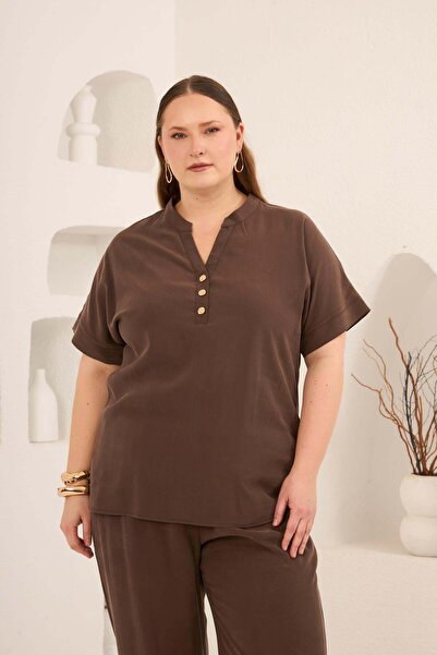 RMG Front Button Plus Size Modal Blouse Coffee
