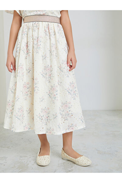 Styli Girls Cream Embroidered Schiffli Skirt