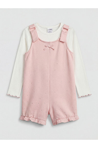 LC Waikiki Fiyonk Detaylı Taşlı Kız Çocuk Şortlu Salopet ve Tişört