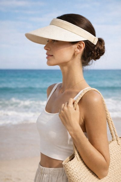 HatClub Exclusive Women's White Straw Visor Hat Crown Model Sun Protection Summer Beach Hat