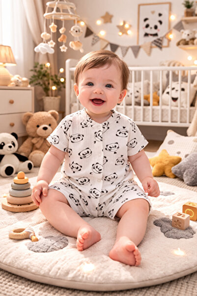 OMY Short Sleeves Shorts Heart Panda D Patterned Reported Jumpsuit Unisex Bab...