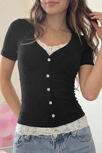 Köstebek Black Buttoned Lace Collar and Waist Detailed Gothic Y2K Short Sleev...