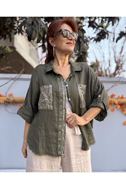 DenizEge Italian Eyelet K Linen Shirt Khaki