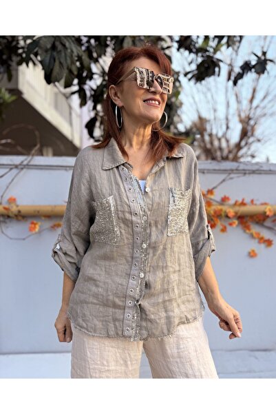 DenizEge Italian Eyelet K Linen Shirt Mink