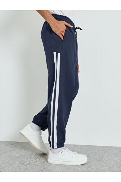 Styli Men Navy Blue Side Striped Panel Relaxed Fit Terry Joggers