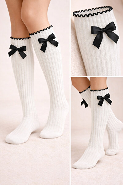 Katia&Bony Κοριτσίστικες λευκές κάλτσες μέχρι το γόνατο με σατέν φιόγκο αξεσουάρ