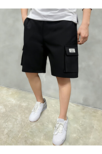 Take Two By Styli شورت رجالي أسود سادة متعدد الجيوب