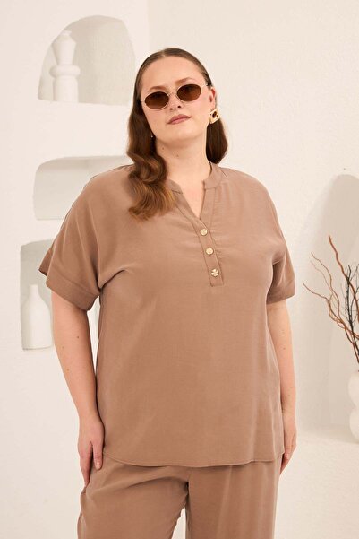 RMG Front Buttoned Plus Size Modal Blouse Camel