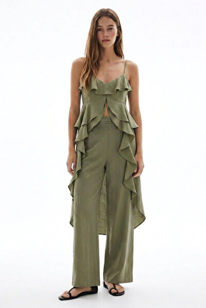 Quzu Pleated Pants with Bell Trousers Wide-Leg Khaki
