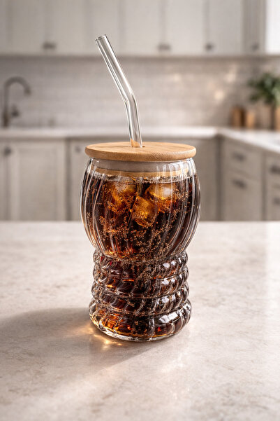 Kitchen Way Bamboo Borosilicate Glass Cup with Lid and Straw 420ml Kw-1068