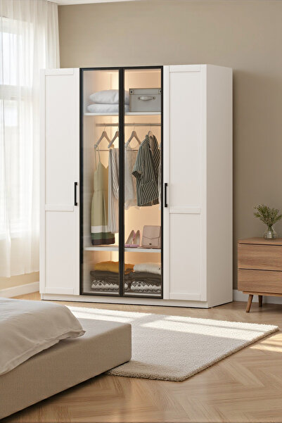 Avmpark Mova Gardırop 4 Kapaklı Temperli Camlı Led Işıklı Askılı Raflı Dolap ...