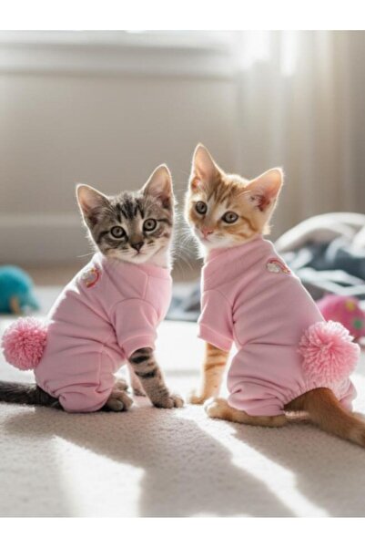 Kemique Tassel and Rainbow Soft Pink - Pastel Pembe Pamuklu Kedi Tulum Pijama