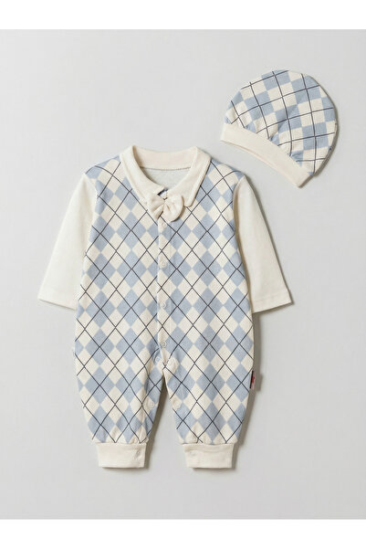 Pamuş Moda Baby Papyonlu Baklava Desenli %100 Pamuk Erkek Bebek Tulum Şapkalı...