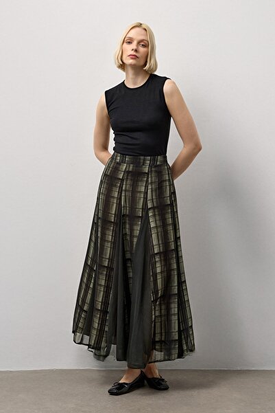 Molene Haki Ekose Desenli Şifon Etek