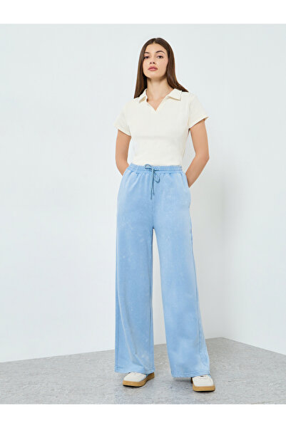 Styli Blue Cotton Washed Wide Leg Joggers