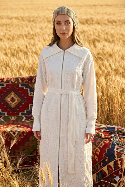 Nuss Front Zippered Knitwear Jacket with Sleeve Detail and Belt 6047 Ecru