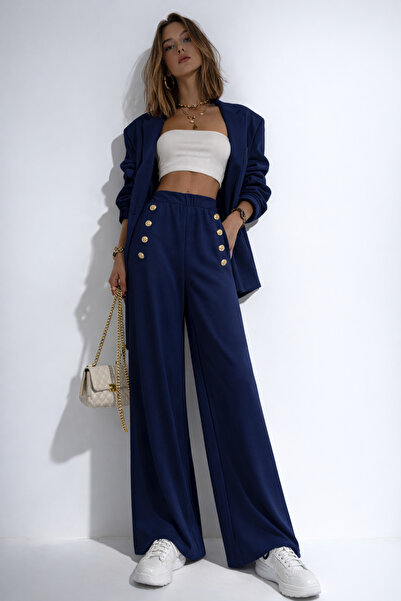 ribana Women's New Season Button Detailed Crepe Fabric Wide-Leg Trousers 4652