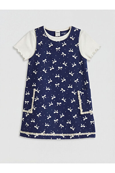LC Waikiki Navy Blue Bow Printed Girl's Dress and Blouse