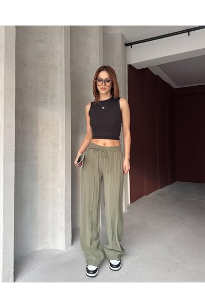 COjans Women's Elastic Waist Striped Tencel Fabric Flared Pants