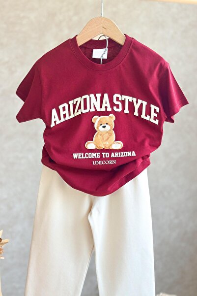 Monila Kız Çocuk Pamuklu Ayıcık Baskılı Bordo T-Shirt ve Ekru Eşofman 2'li Takım