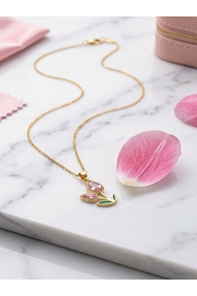 deryora Gold Kaplama Pembe Taşlı Lale Figürlü Bijuteri Kolye - Genç Tarz