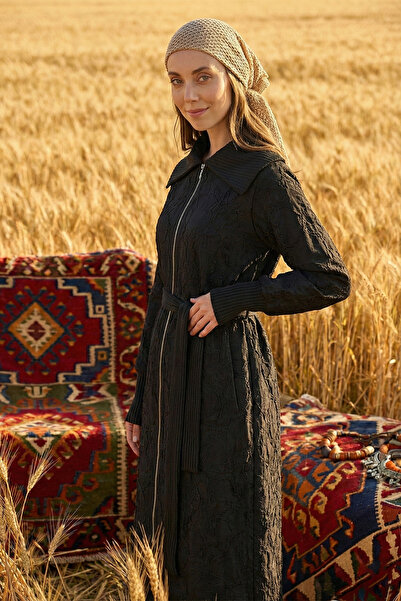 Nuss Front Zippered Knitwear Jacket with Sleeve Detail and Belt 6047 Black