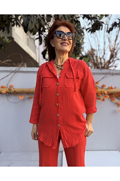 DenizEge Muslin Hooded Shirt Pomegranate Flower