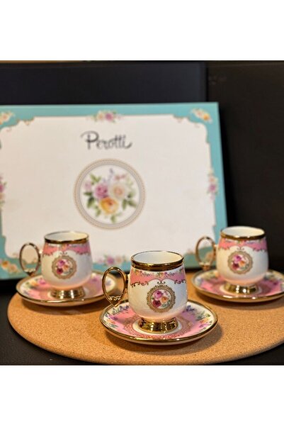 PerottiHome British Model Pink Patterned 6-Person Turkish Coffee Cup with Stand