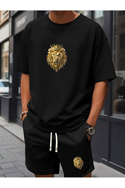 Flow touch Men's Black Printed Oversized Shorts Tracksuit Set