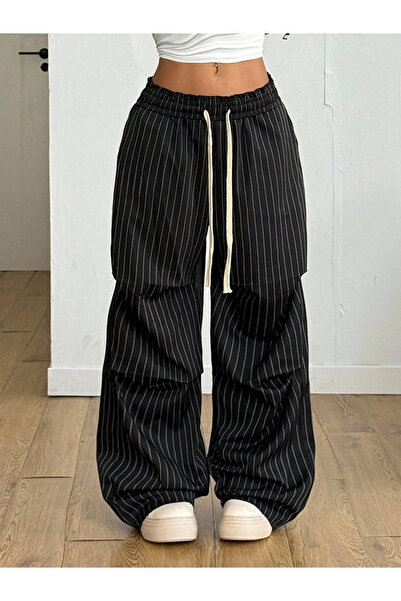 Take Two By Styli Black Pinstripe Wide Leg Trousers