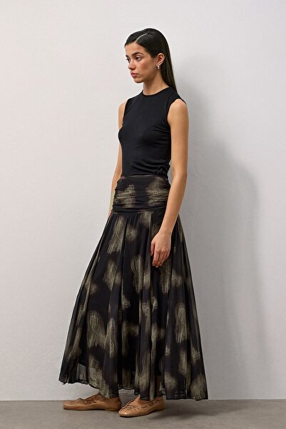 Molene Siyah Drapeli Desenli Etek