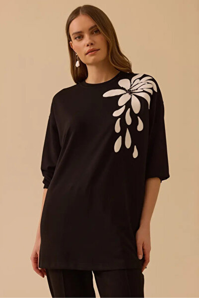 SEÇİL Hanorac de damă cu broderie și detalii cu mărgele - Negru