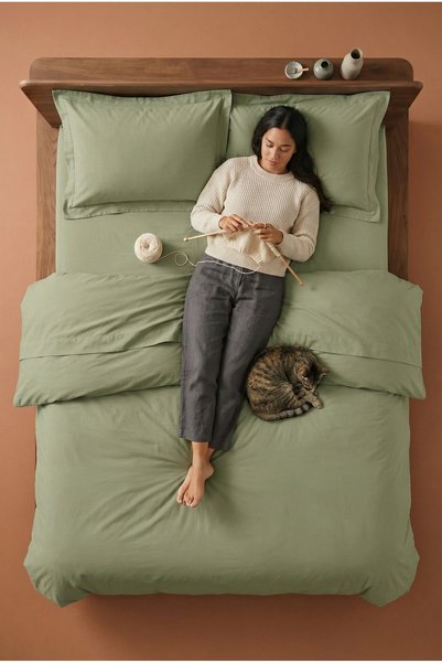 NESCO Haki Yeşil %100 Pamuk King Size 220x240 Nevresim Takımı | 180x200x30 Lastikli Çarşaf + 4 Yastık