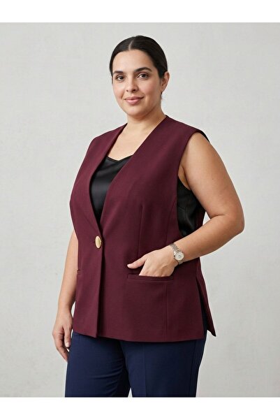 She Combines Burgundy Single Button Blazer Vest Plus Size Casual and Classic ...