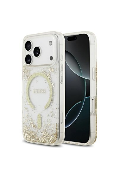 Guess Carcasă pentru iPhone 17 Pro, bază din rășină cu sclipici MagSafe, aurie