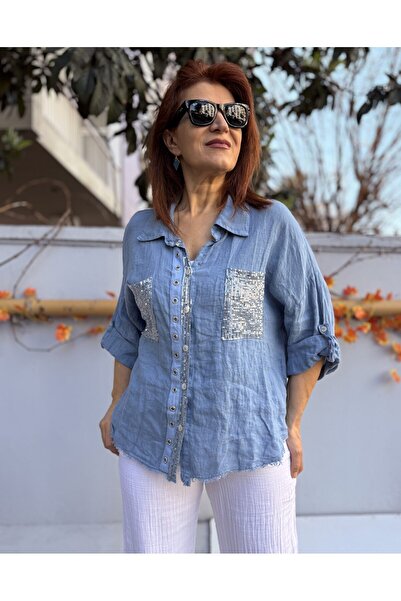 DenizEge Италианска ленена риза Bird's Eye в син цвят