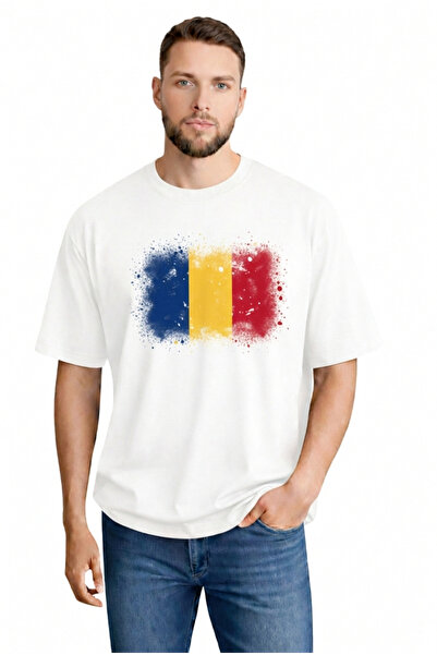 sngl Ανδρικό μπλουζάκι με κοντό μανίκι oversized Romania Flag με τύπωμα S M L...