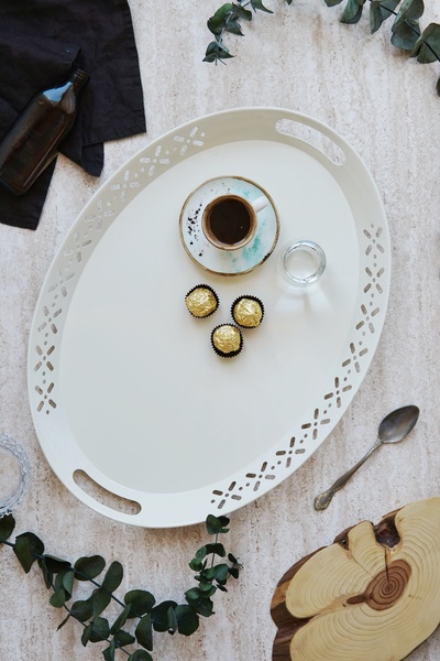 Saatistan Şık Metal Oval Servis Tepsisi, Büyük Boy, Çay ve Kahve Sunumu İçin