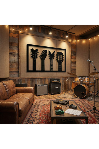 Metla Metal Dörtlü Gitar Sapı Çerçeveli Modern Metal Duvar Tablosu Müzik Odas...