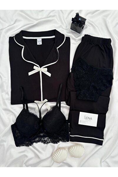 Lena Homewears Black Lingerie Bowknot Short-Sleeved Pajama Set